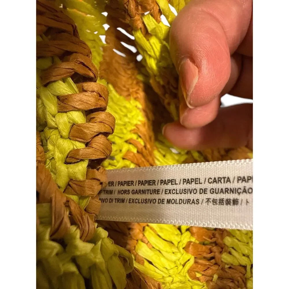 Free People Raffia Woven Tote Bag Yellow Tan Striped Boho Beach